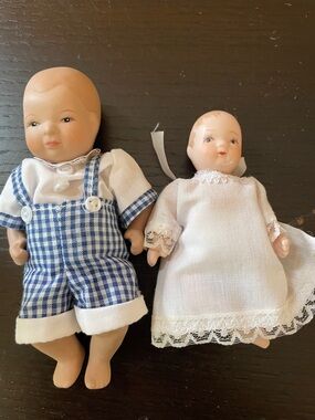 Antique German Bisque Nodder Dolls 2 Boys 4.5" Hand Painted Germany w/ clothes